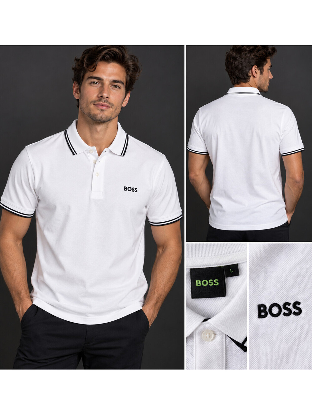 BOSS Hugo Boss Penrose 24 Men’s Polo Shirt L White Black Trim Logo NWT